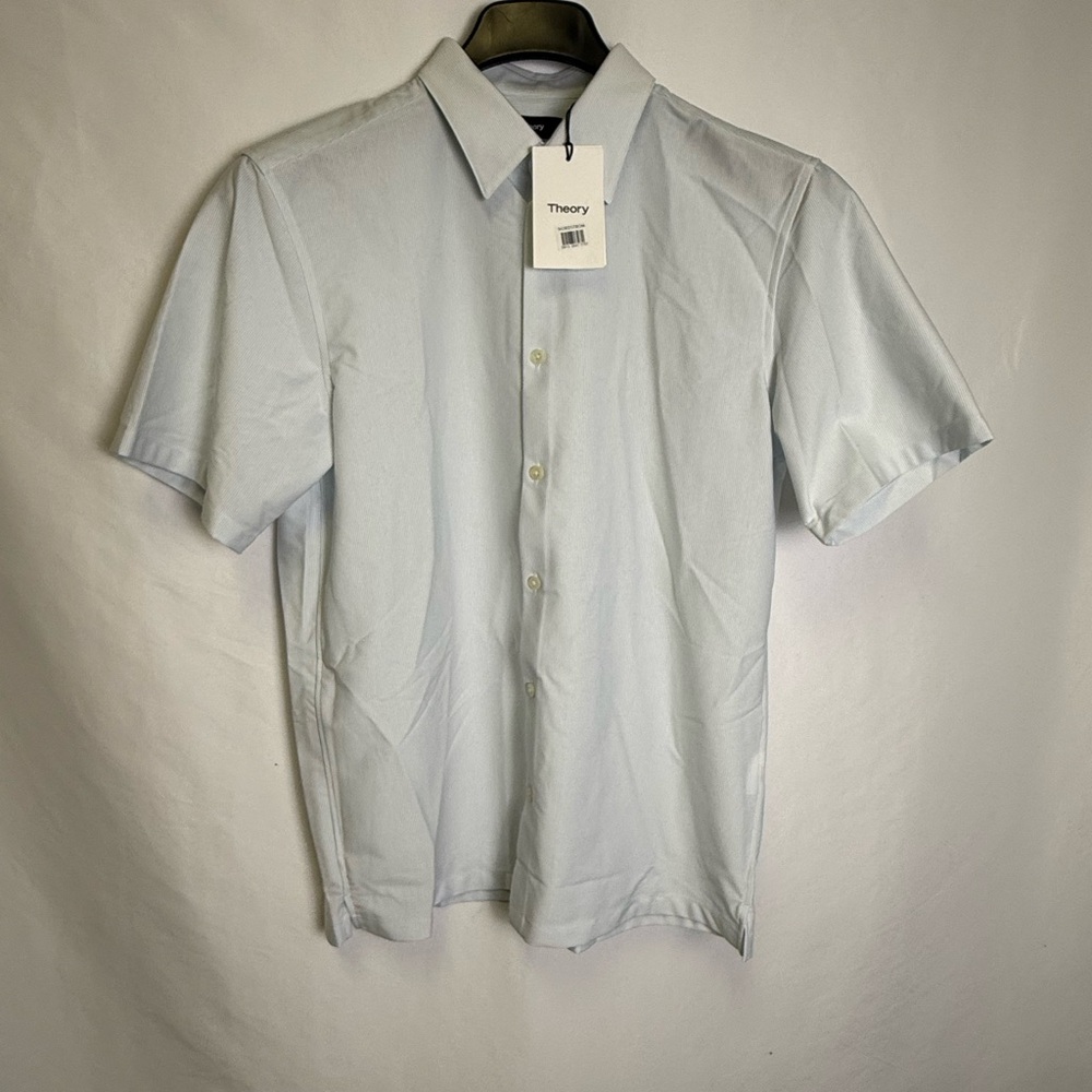 Theory Men's Irving Short Sleeve Button-Up Shirt sz M in wht/olympic aster strp